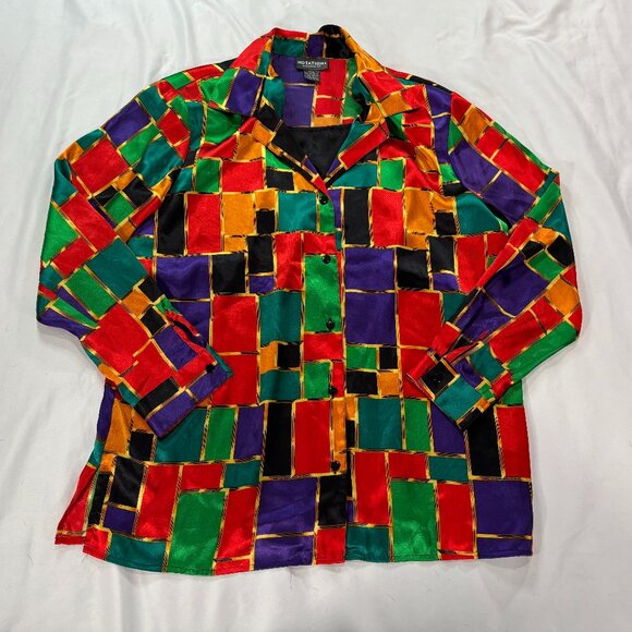 Vintage 80s Notations Geometric Blouse Red Blue Large    Lot J - Picture 3 of 7